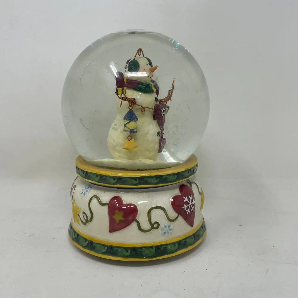Vintage Snowman Musical Snow Globe Christmas Decor Hearts Stars Glitter